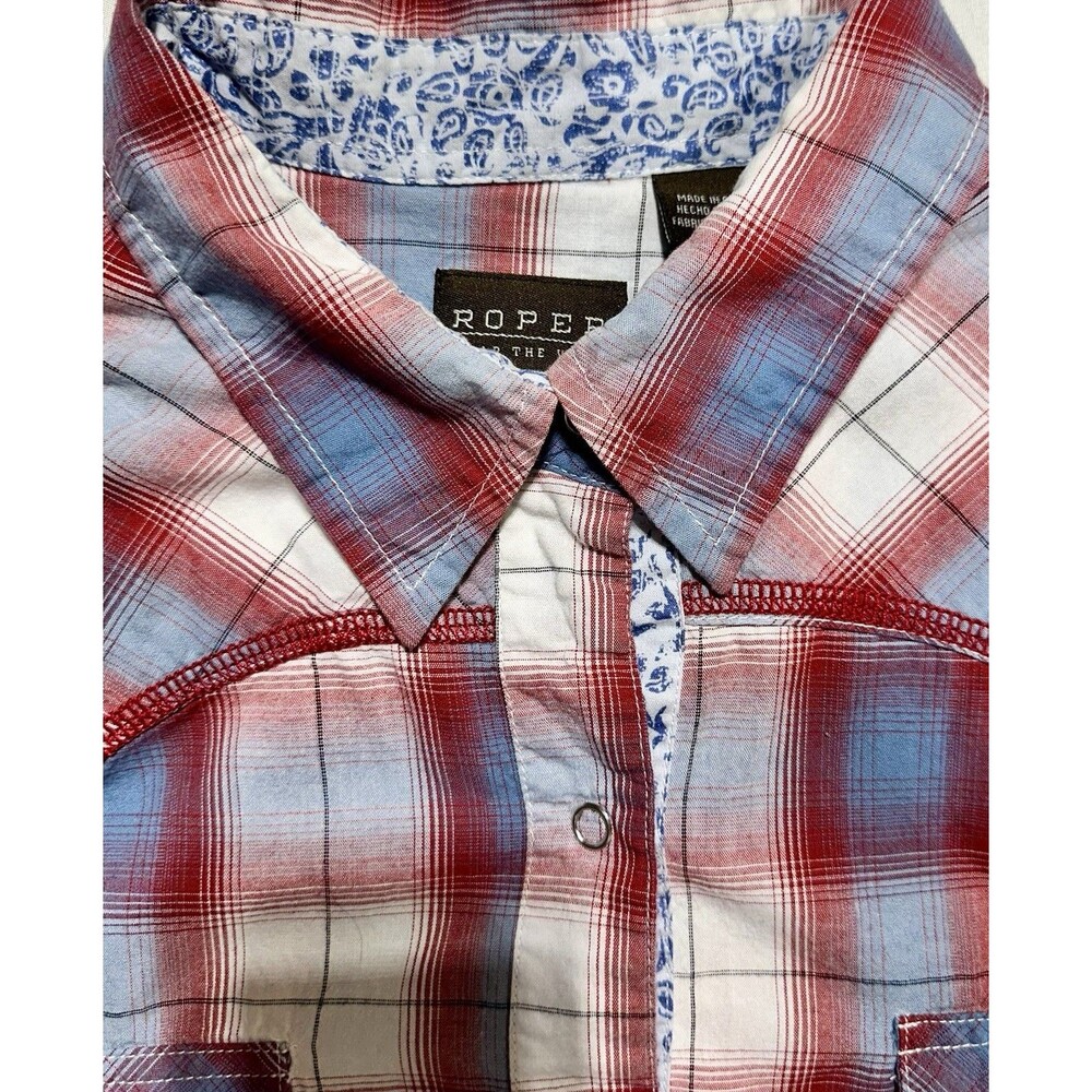 Roper Western Shirt Women’s XL Red Blue Plaid Paisley Snap Long Sleeve Cotton - Picture 10 of 11